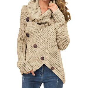 Womens Chunky Knit Sweater Turtleneck Long Sleeve Pullover Loose Asymmetric Top